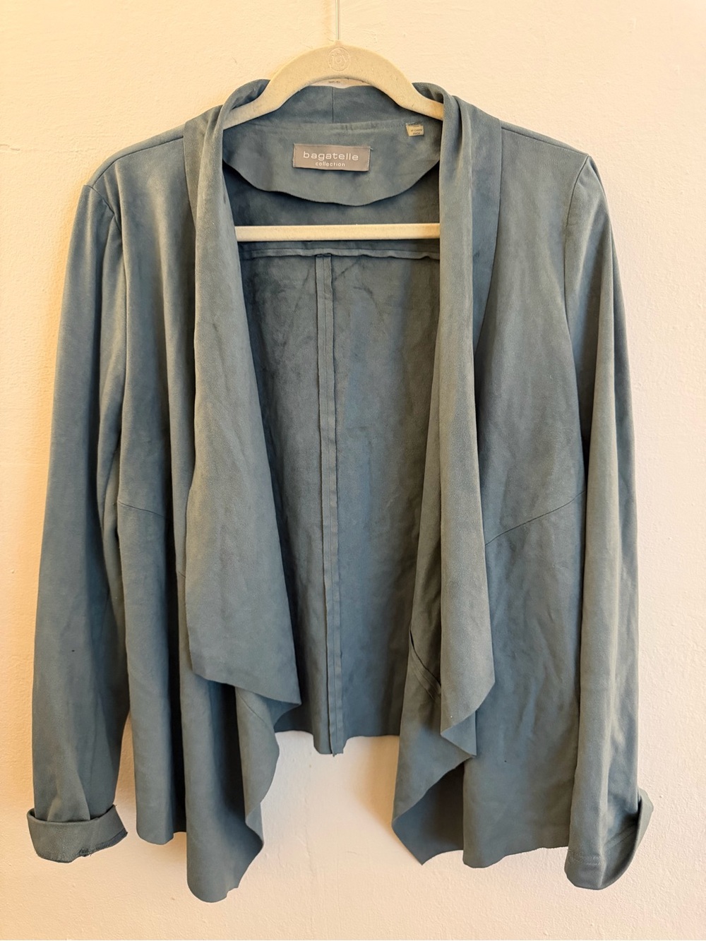 bagatelle Blue Suede Drape Front Jacket size large